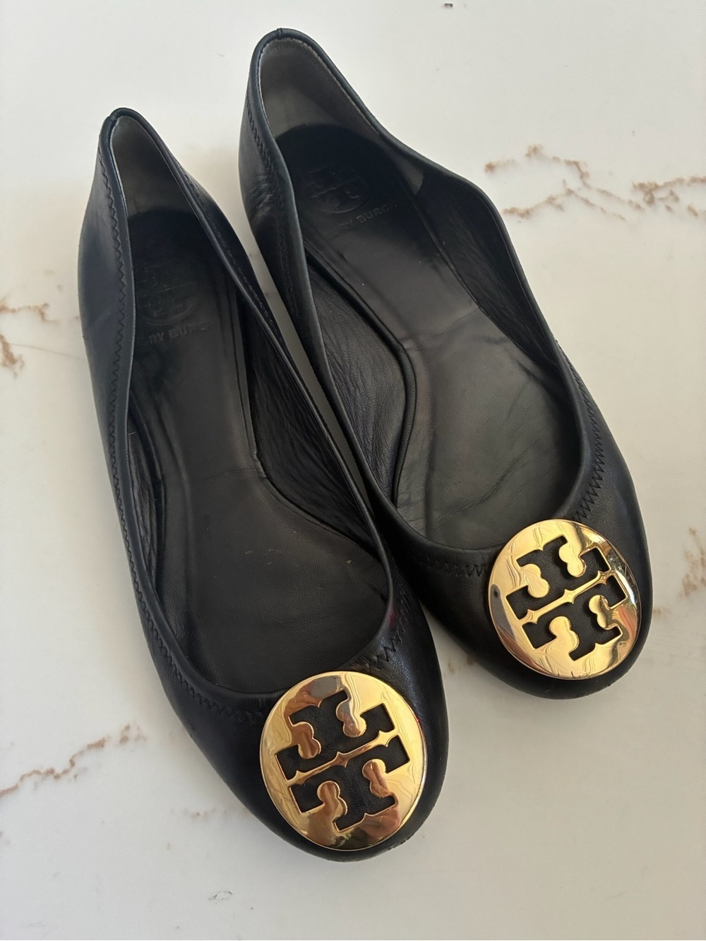 Tory Burch Black Reva Leather Flats with Gold Logo Medallions